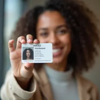 A woman holding her ID card